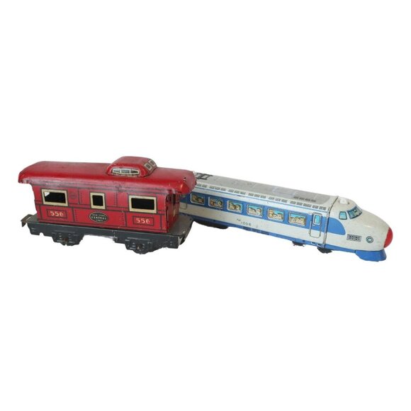Vintage Tin Toy Train Set Central Caboose & Bullet Train - Picture 1 of 7